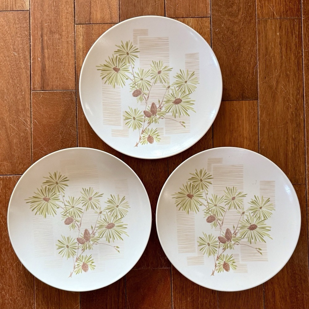 3pc VTG 50s MCM Melmac Beverly Prolon‎ 7400 Dinner Plate Brown Green Pine Cones